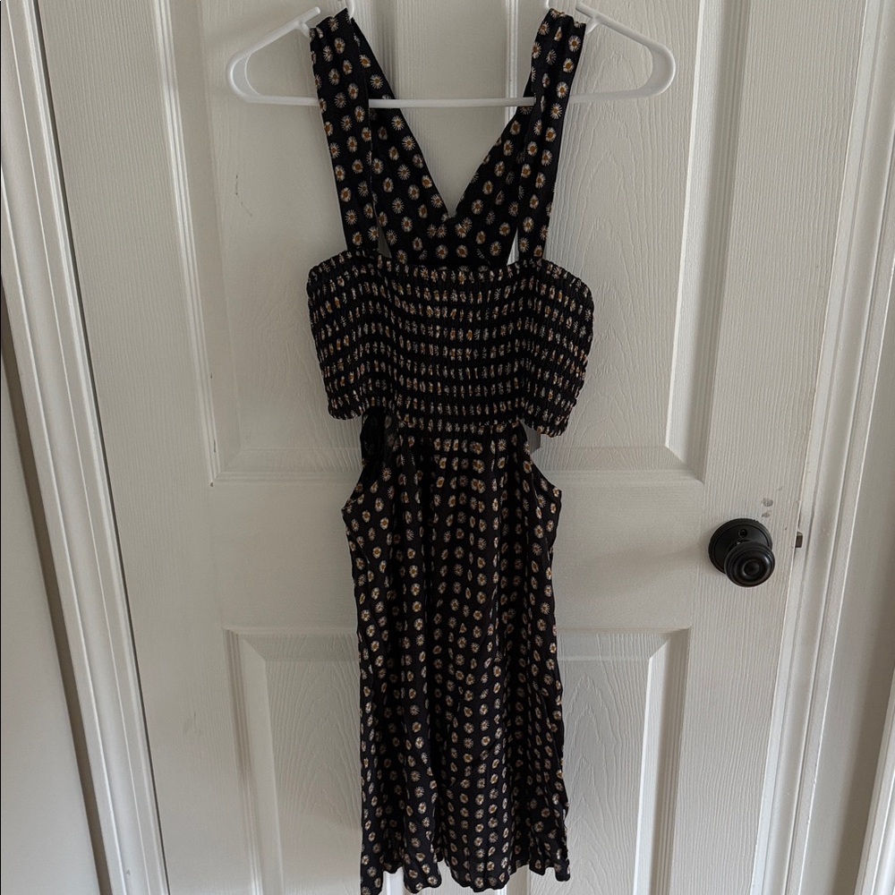 Smocked Black Midi Dress with Gold Dot Print